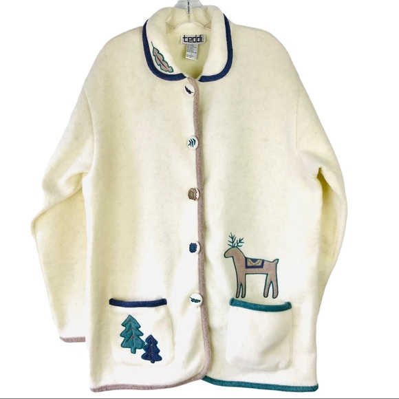 Teddi Jackets & Blazers - NEW Teddi cream green fleece trees deer button winter holiday jacket large